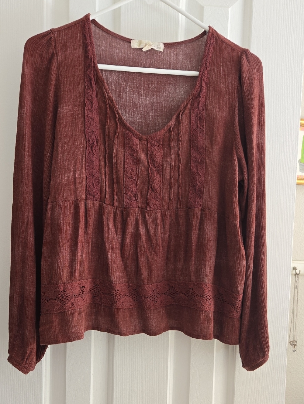 Rewind Rust Red Lace-Trim V-Neck Peasant Blouse